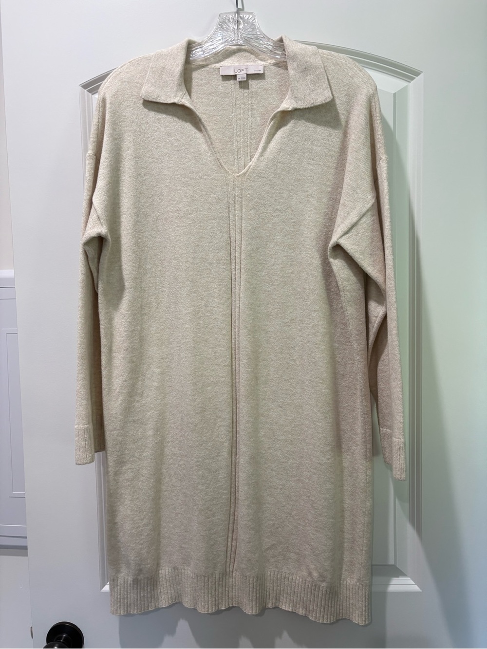LOFT Cream Collared V-Neck Long Sleeve Knit Dress
